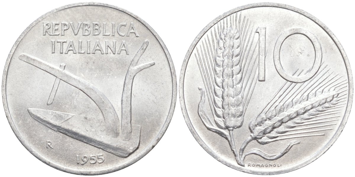 Италия 10 лир 1955 R, КОЛОС, плуг KM 93 алюминий 4519-932