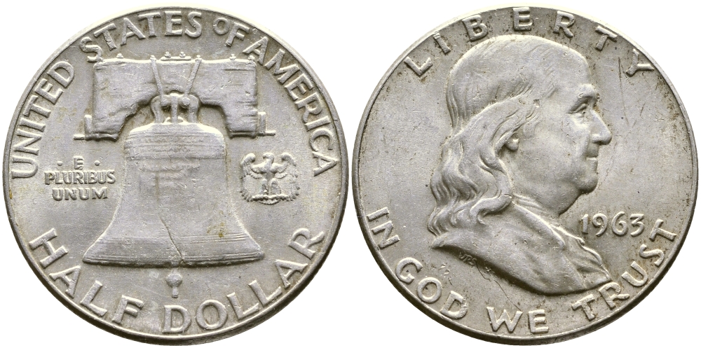 США 1/2 ДОЛЛАРА ( 50 ЦЕНТОВ ) 1963 ФРАНКЛИН, КОЛОКОЛ KM 199 серебро 00-00