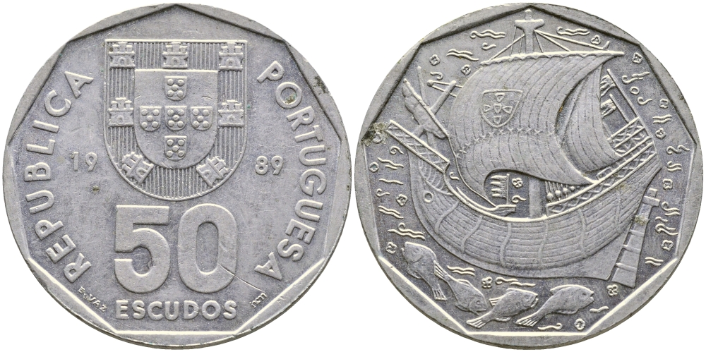 ПОРТУГАЛИЯ 50 ЭСКУДО 1989 KM 636 медно-никель 1515-1511