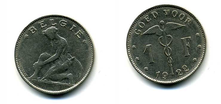 БЕЛЬГИЯ 1 ФРАНК 1922 BELGIE KM 90 никель 58-1225