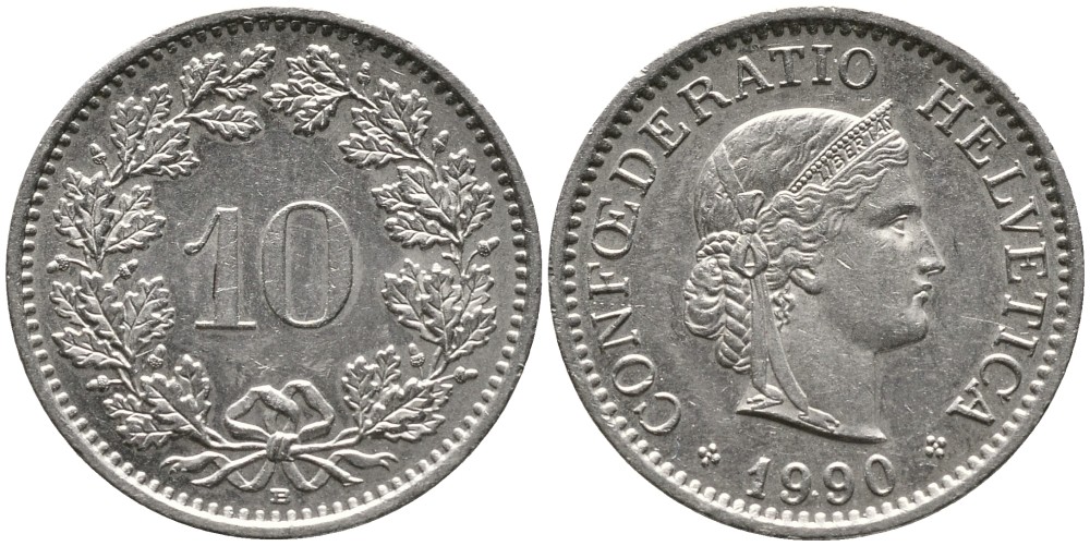 ШВЕЙЦАРИЯ 10 РАППЕНОВ 1990 В KM 27 медно-никель 4539-532
