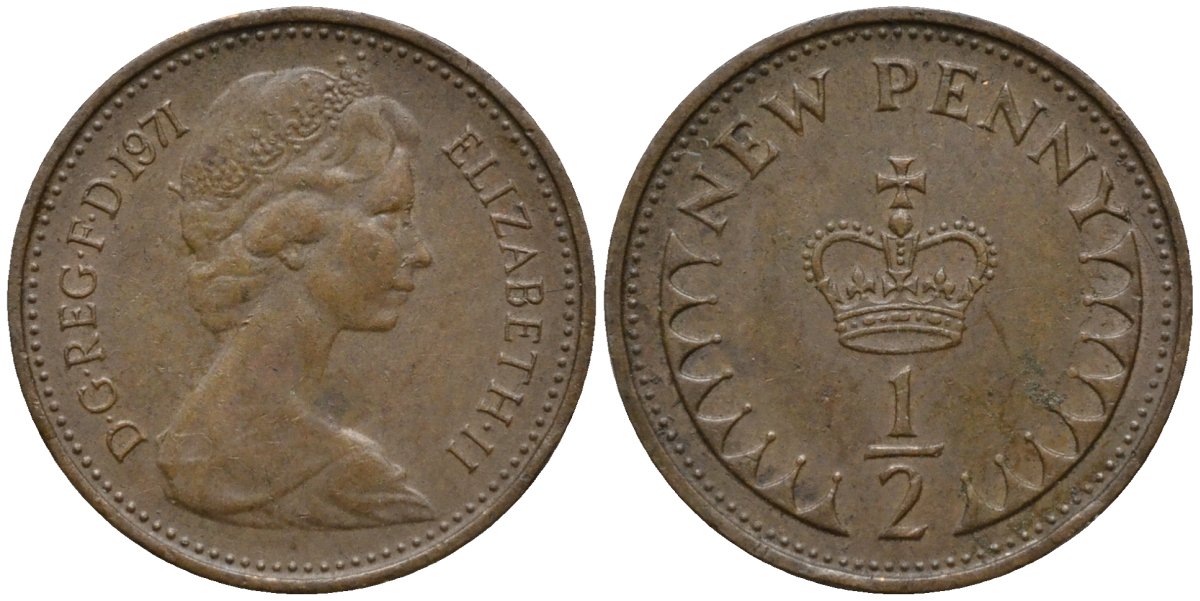 Великобритания 1/2 пенни 1971 Елизавета II (1952-2022) KM 914, Spink 4239 бронза 99-427