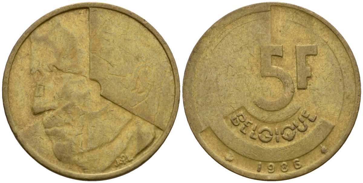 Бельгия 5 франков 1986 Belgique, Бодуэн I (1951-1993) KM 163 алюминиевая бронза 4601-155