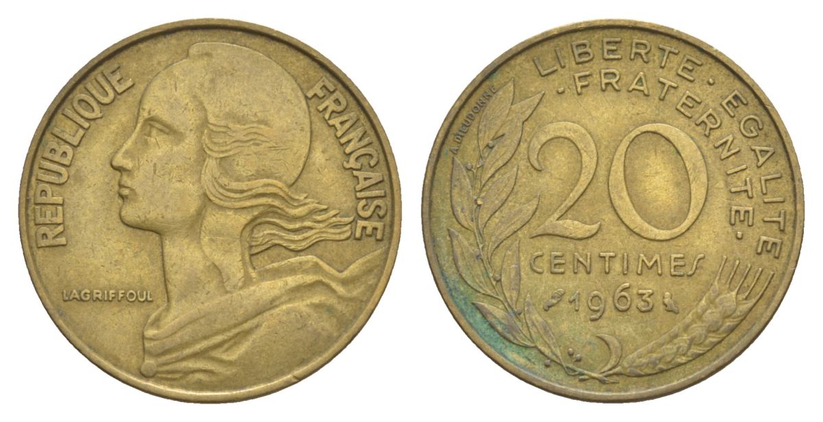 Франция 20 сантимов 1963 тип Morlon KM 930, Le Franc 156.3 алюминиевая бронза 4631-456