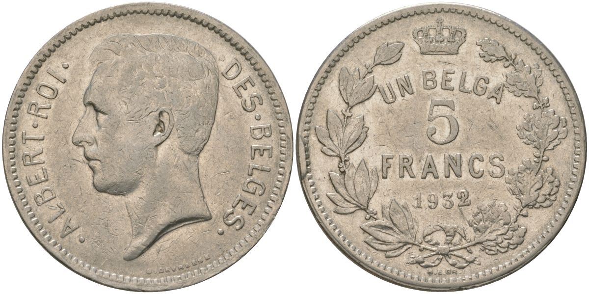 Бельгия 5 франков 1932 Belges, Альберт I (1909-1934) KM 97 никель 4157-1126