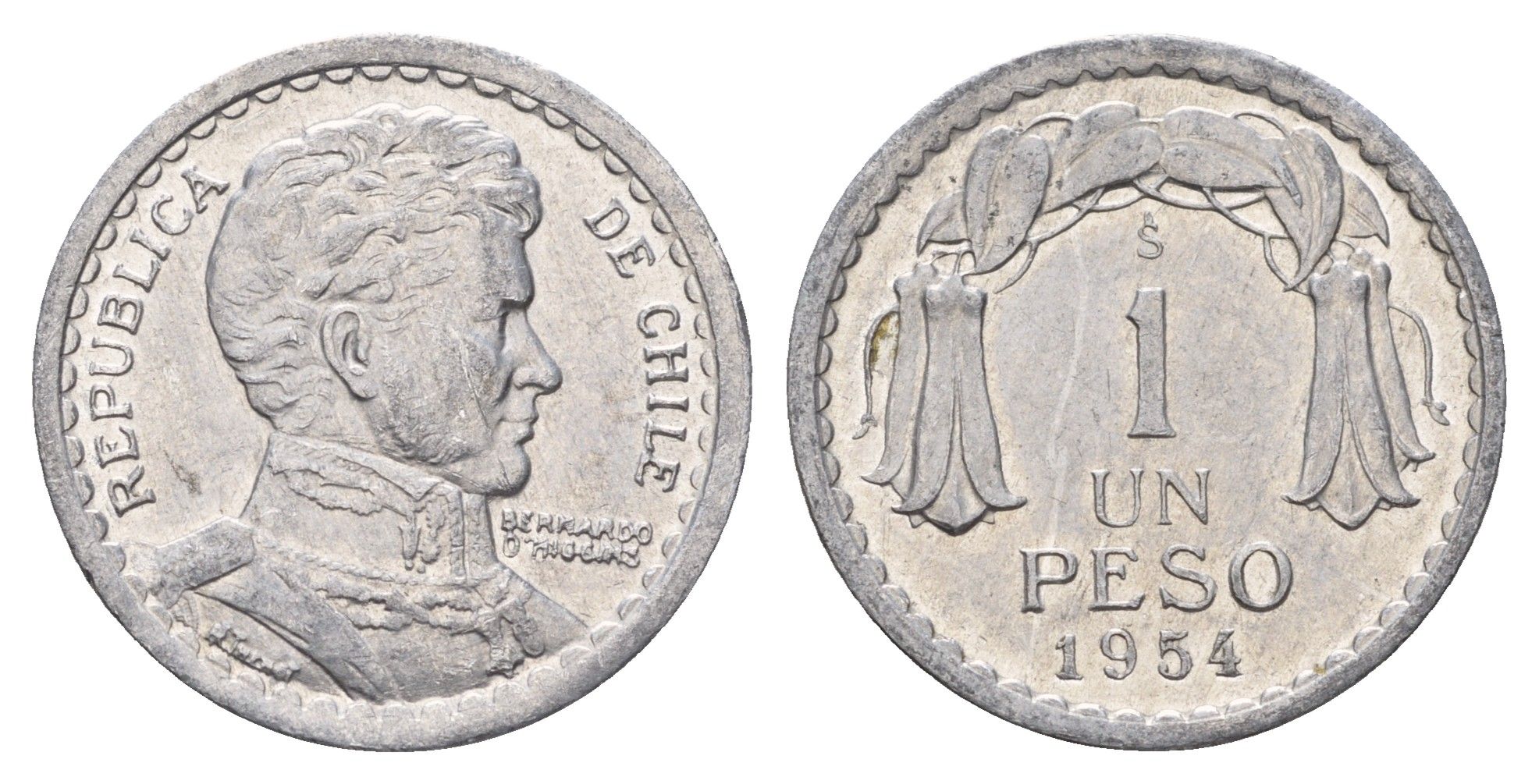 Чили 1 песо 1954 KM 179a алюминий 4688-326