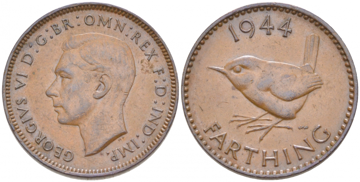 Великобритания 1 фартинг 1944 Георг VI (1936-1952) KM 843, Spink 4116 бронза 4549-165