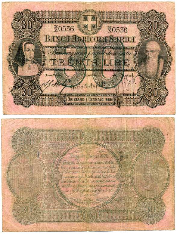 Италия, Сардиния 30 лир 1880 1 января 1880, Banca AgricoLa Sarda, ORISTANO Pick S921c бумага 8612-65-2-1