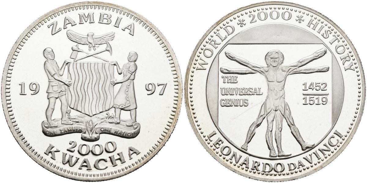 Замбия 2000 квача 1997 серия мировая история, Леонардо да Винчи, Витрувианский человек KM 152 серебро PROOF 04-317-42