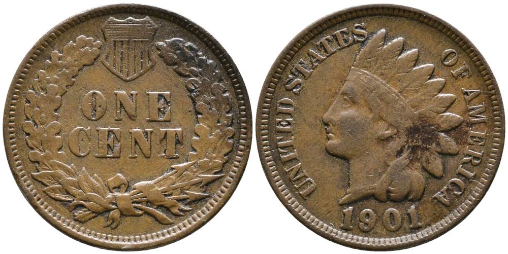США 1 ЦЕНТ 1901 ИНДЕЕЦ, INDIAN HEAD KM 90а бронза 4551-534