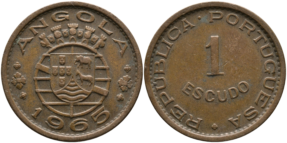 Португальская Ангола 1 эскудо 1965 KM 76 бронза 33-951