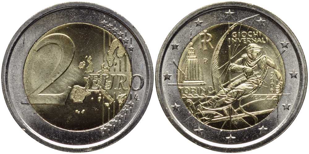 Италия 2 евро 2006 XX зимние Олимпийские игры в Турине 2006 года, лыжник KM 246 биметалл UNC 115-1213