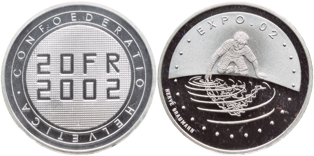 Швейцария 20 франков 2002 В, ЭКСПО 2002, в запайке KM 101 серебро PROOF 1524-1013