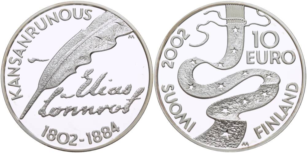 Финляндия 10 евро 2002 Элиас Леннрот, лингвист KM 108 серебро PROOF 1084-9-23