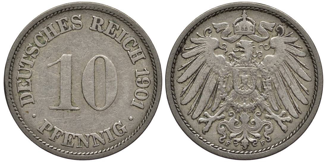 Германия 10 пфеннигов 1901 F KM 12, Jager 13, Weege 8 медно-никель 219-342