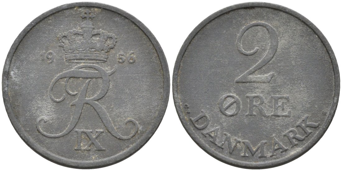Дания 2 эре 1956 C;S, Фредерик IX (1947-1972) KM 840.2 цинк 190-945