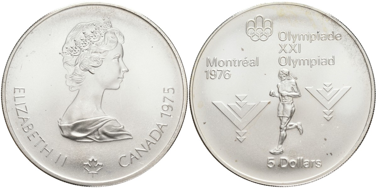 Канада 5 долларов 1975 XXI летние Олимпийские игры в Монреале 1976 года, марафон KM 98 серебро UNC 1525-442