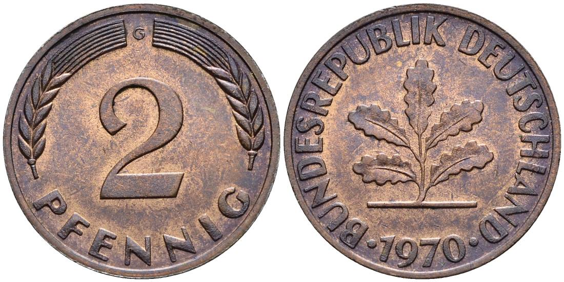 ФРГ 2 ПФЕННИГА 1970 G KM 106a, Jager 381a сталь плакированная сталь плакированная медьюю 4546-1013