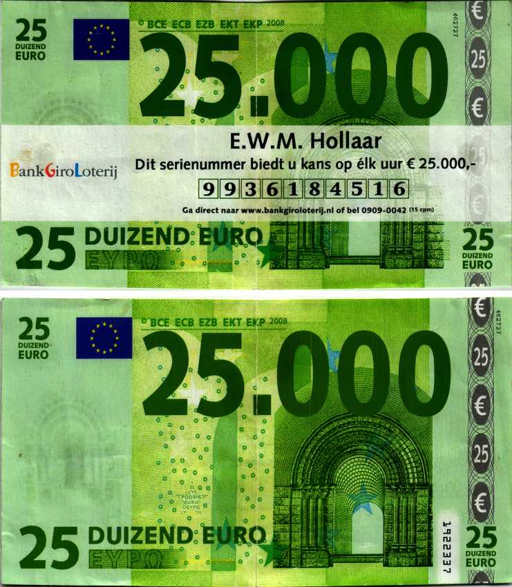НИДЕРЛАНДЫ ЛОТЕРЕЙНЫЙ БИЛЕТ 2008 E.W.M. HOLLAAR, BANK GIRO LOTERIJ, ЭТОТ БИЛЕТ ДАЁТ ВОЗМОЖНОСТЬ ВЫИГРАТЬ КАЖДЫЙ ЧАС 25000 ЕВРО бумага 7547-49-3