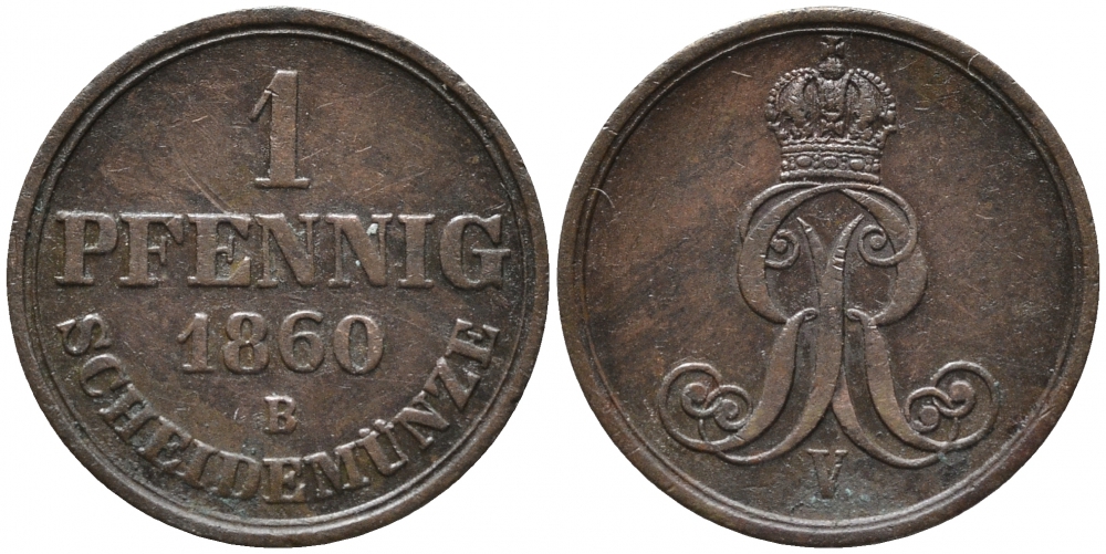 ГАННОВЕР 1 ПФЕННИГ 1860 В, ГЕОРГ V (1851-1866) KM 233 медь 4448-1034
