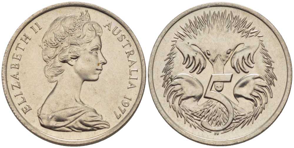 АВСТРАЛИЯ 5 ЦЕНТОВ 1977 ЕЛИЗАВЕТА II, МОЛОДОЙ ПОРТРЕТ, ЕХИДНА KM 64 медно-никель 100-1231