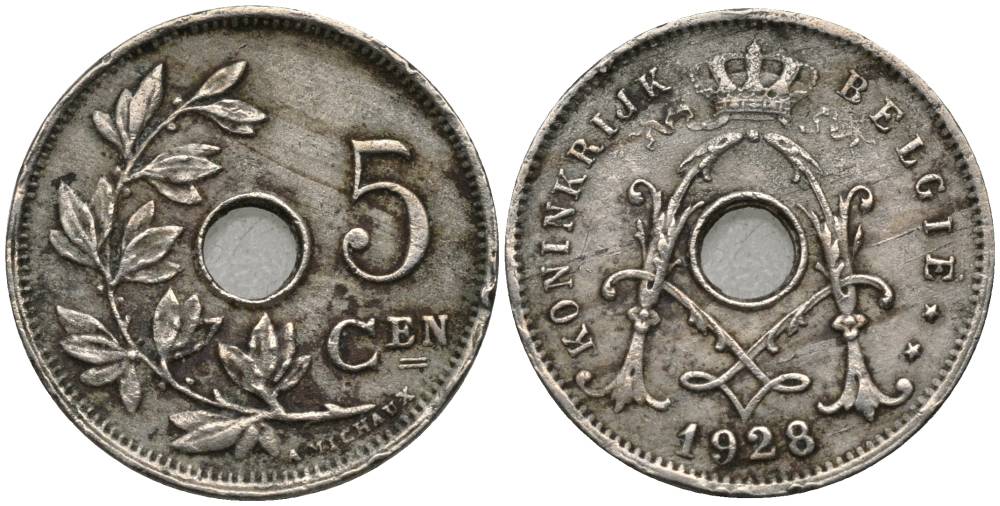 БЕЛЬГИЯ 5 САНТИМОВ 1928 BELGIE, АЛЬБЕРТ I (1909-1934) KM 67 медно-никель 27-114