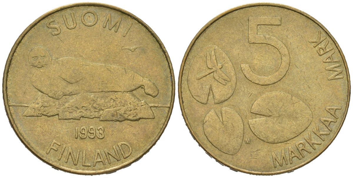 Финляндия 5 марок 1993 M KM 73 алюминиевая бронза 92-116