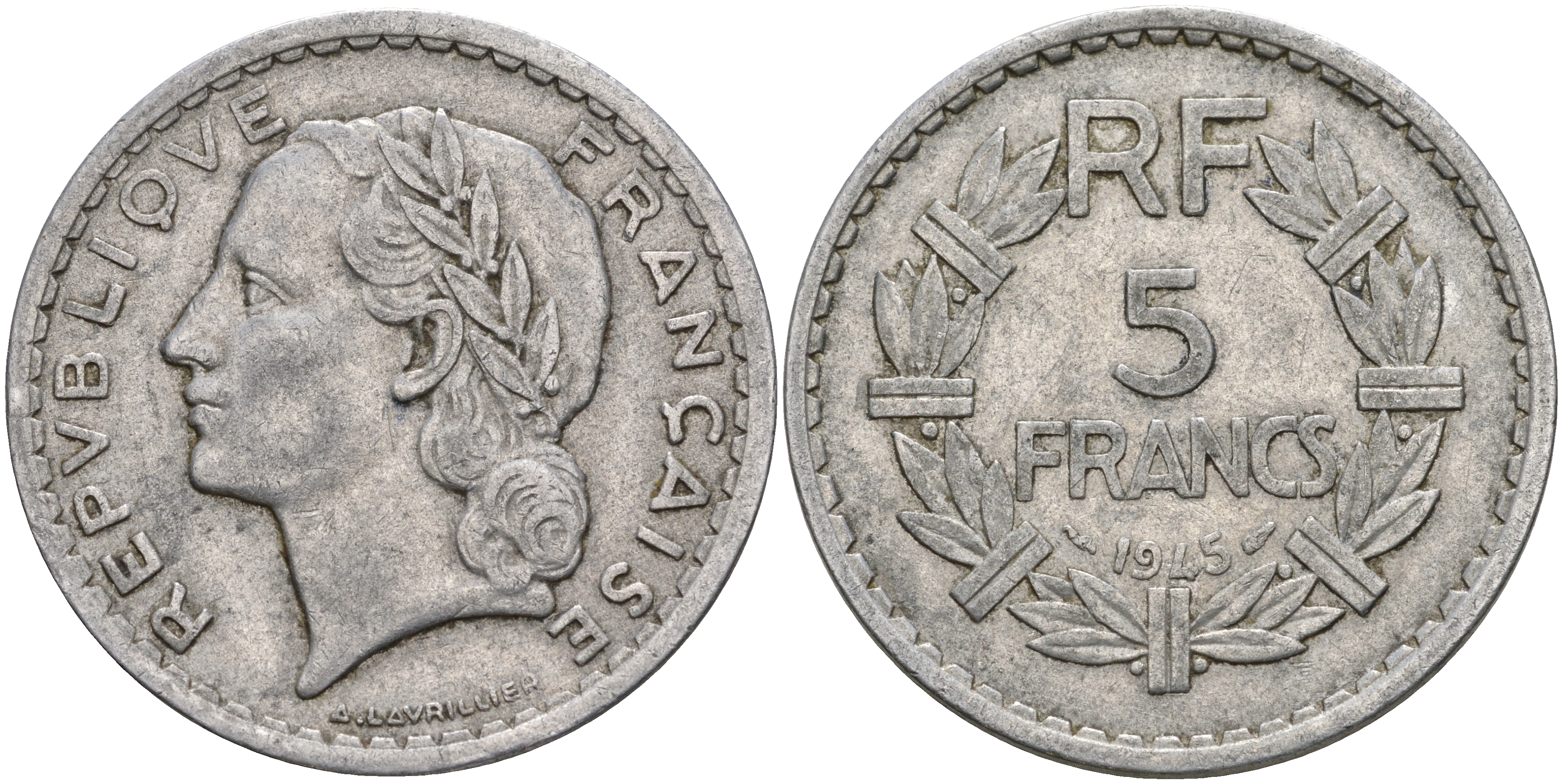 Франция 5 франков 1945 тип Лаврийе, Open 9 KM 888b.1, Le Franc 339.3 алюминий  59-213