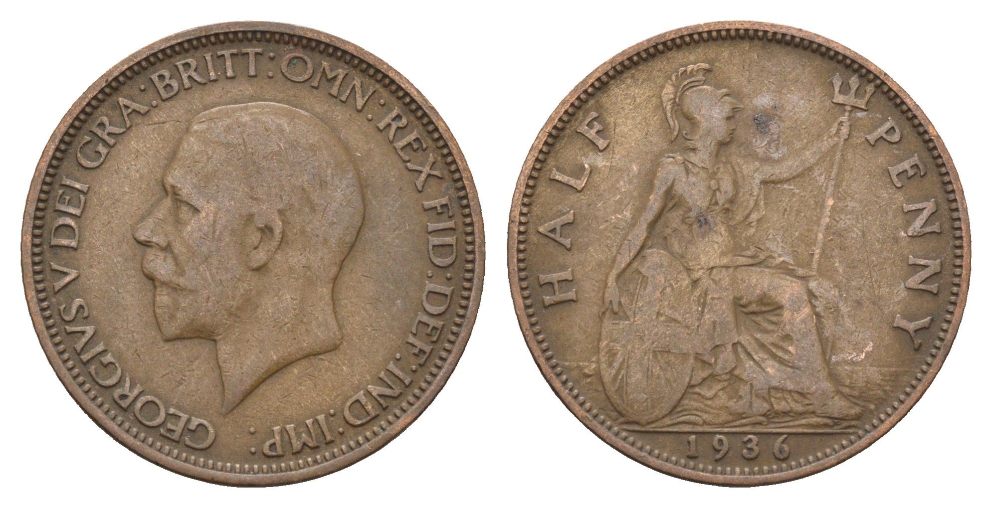 Великобритания 1/2 пенни 1936 Георг V (1910-1936) KM 837, Spink 4058 бронза 4699-416