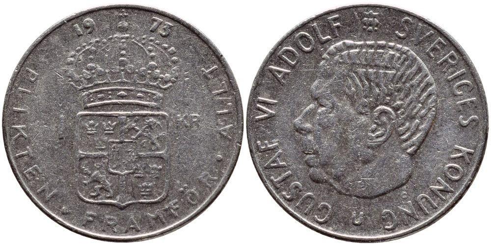 Швеция 1 крона 1973 Густав VI Адольф (1950-1973) KM 826а медь плакированная медно-никелем 4395-236