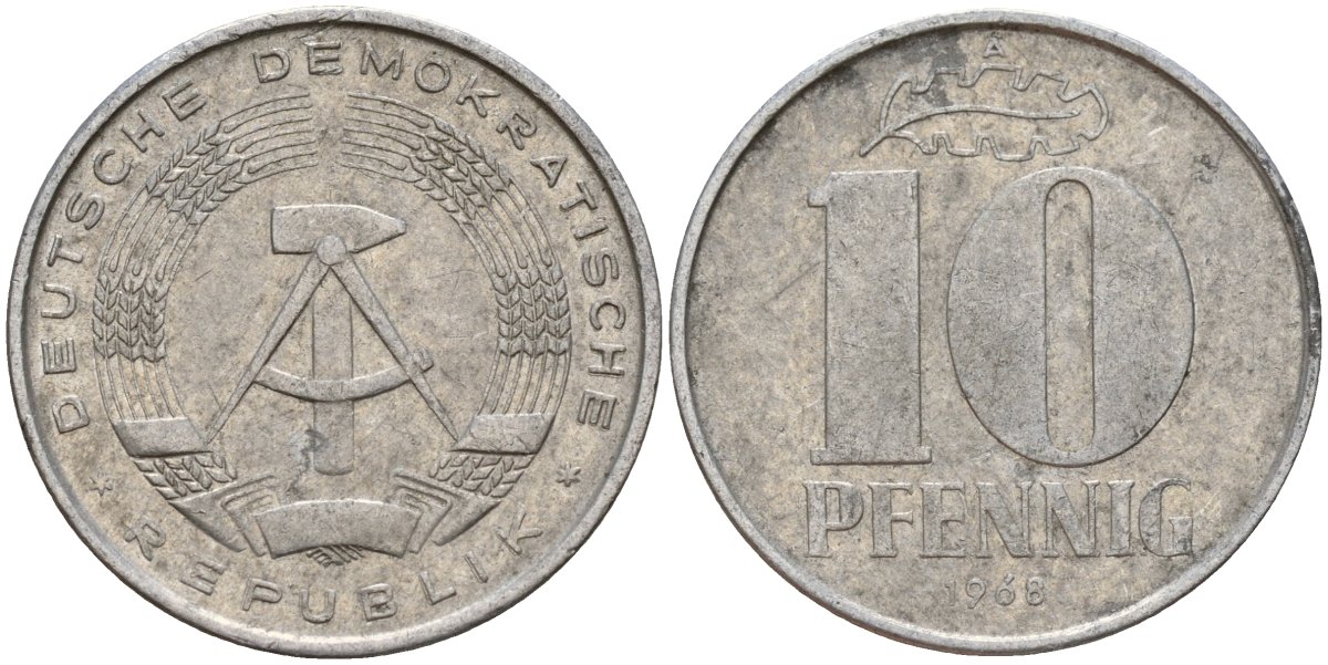 ГДР 10 пфеннигов 1968 A KM 10 алюминий 55-337