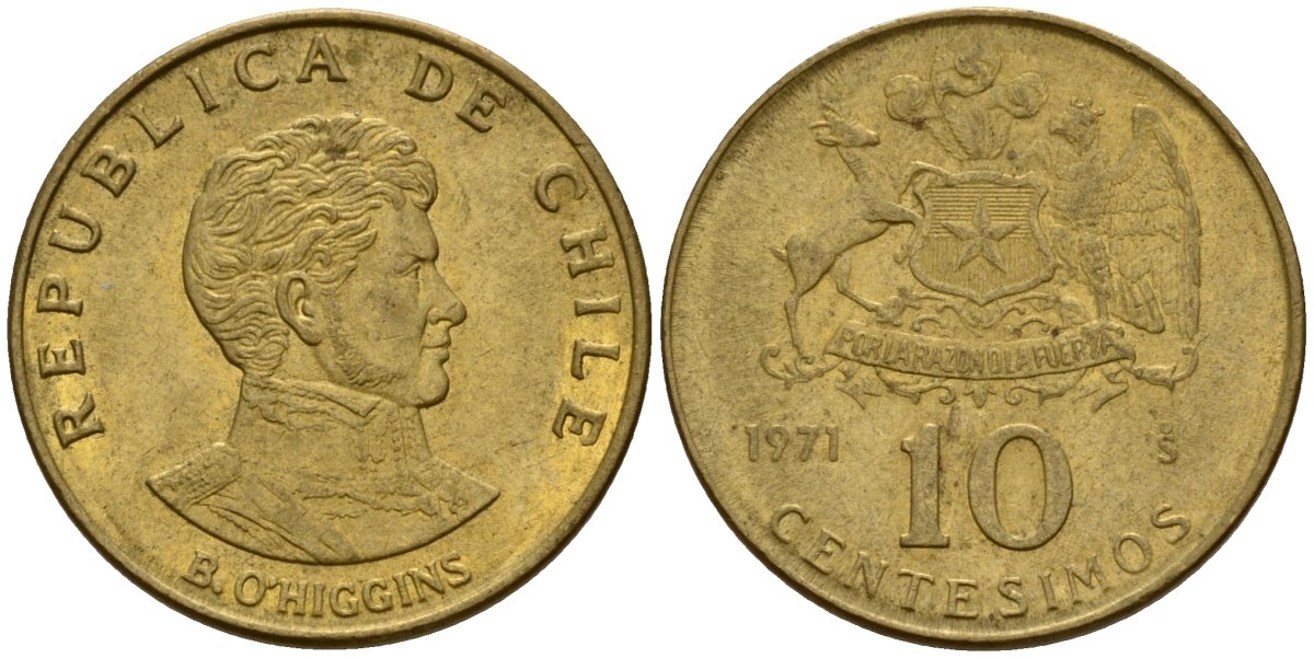 Чили 10 сентесимо 1971 KM 194 алюминиевая бронза 4158-725