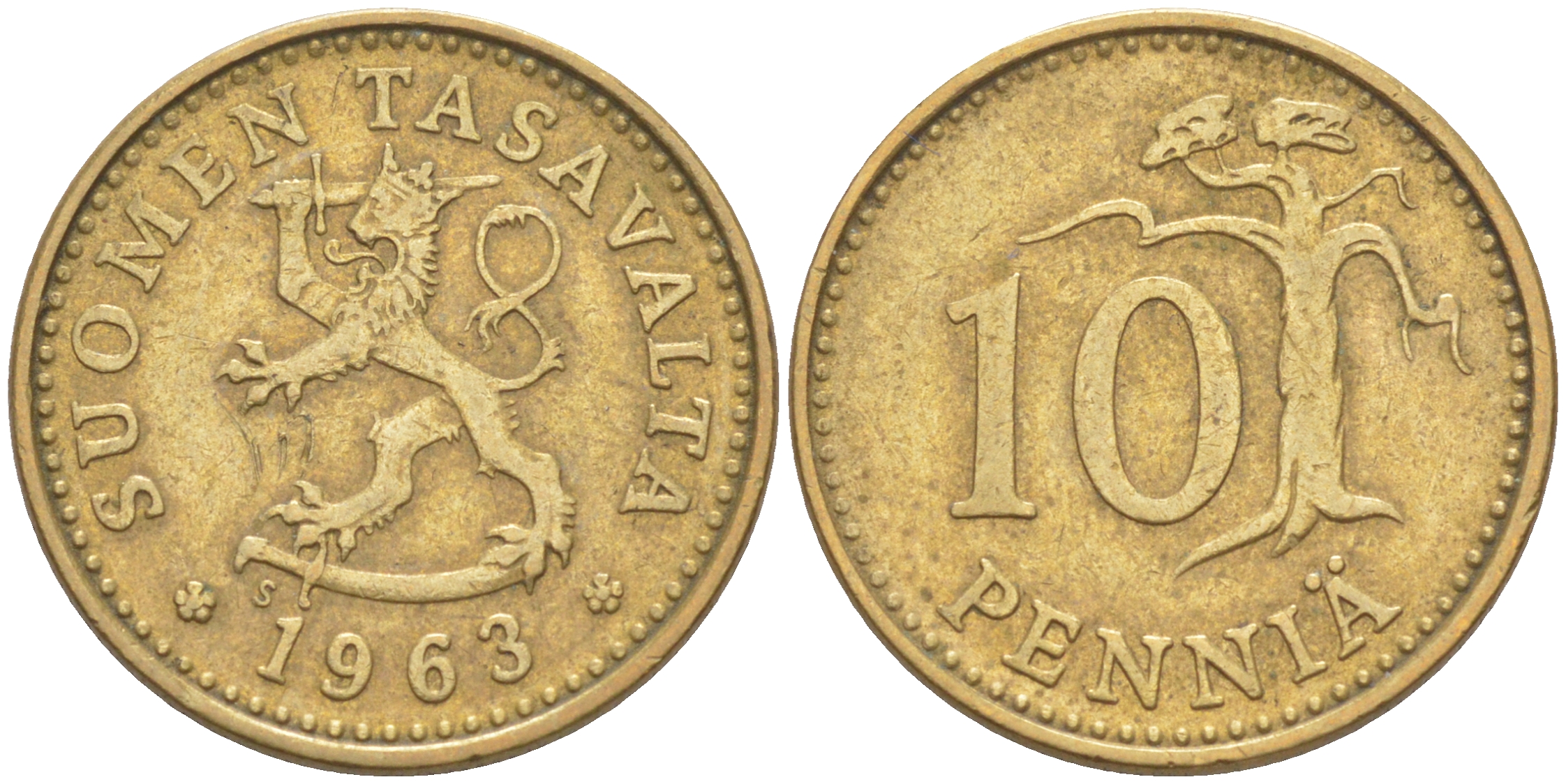 ФИНЛЯНДИЯ 10 ПЕННИ 1963 S KM 46 алюминиевая бронза 4541-614