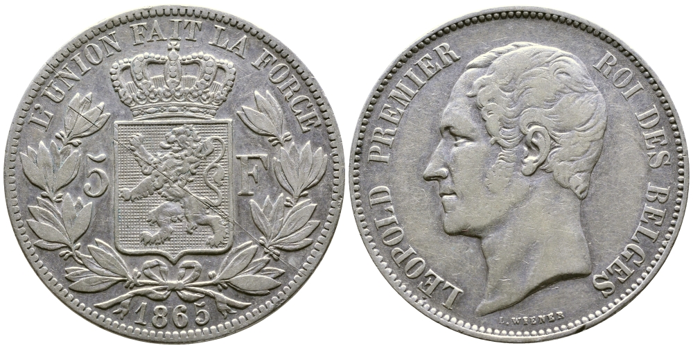 Бельгия 5 франков 1865 Леопольд I (1831-1865) KM 17 серебро 00-1067-5-62