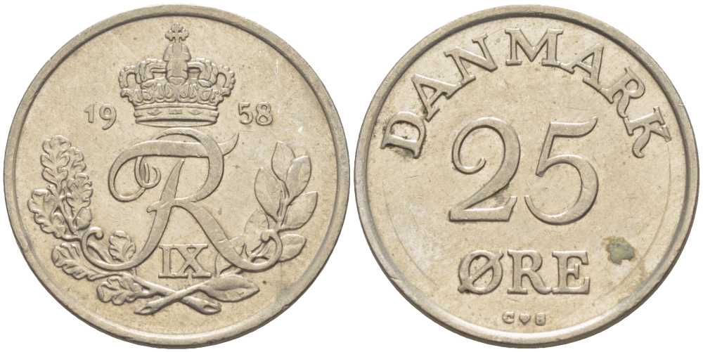 ДАНИЯ 25 ЭРЕ 1958 С; S, ФРЕДЕРИК IX (1947-1972) KM 842.2 медно-никель 67-1033