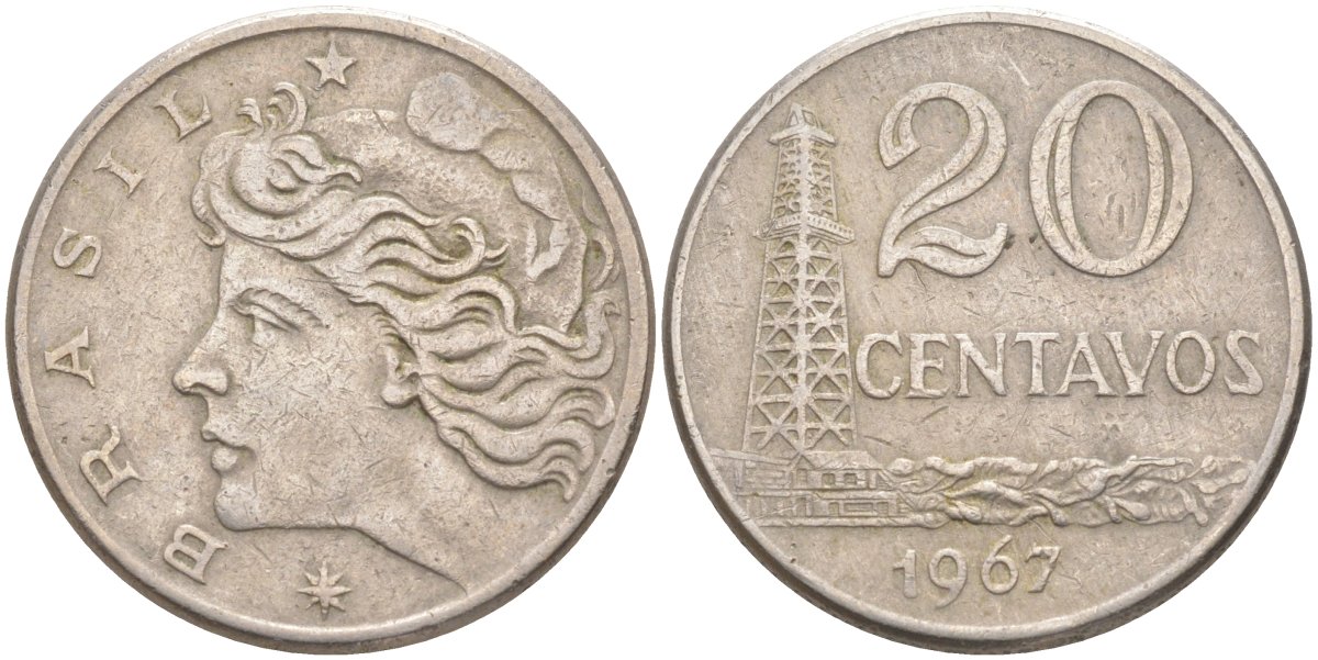 Бразилия 20 сентаво 1967 голова Свободы влево KM 579.1, Schon 84 медно-никель 219-826