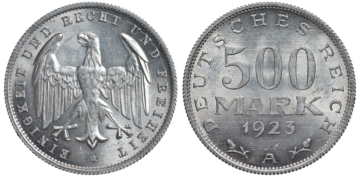 Германия 500 марок 1923 А KM 36, J.305 алюминий UNC 4587-445