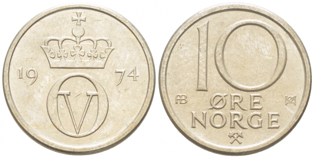 Норвегия 10 эре 1974 Улаф V (1958-1991) KM 416 медно-никель 3955-233