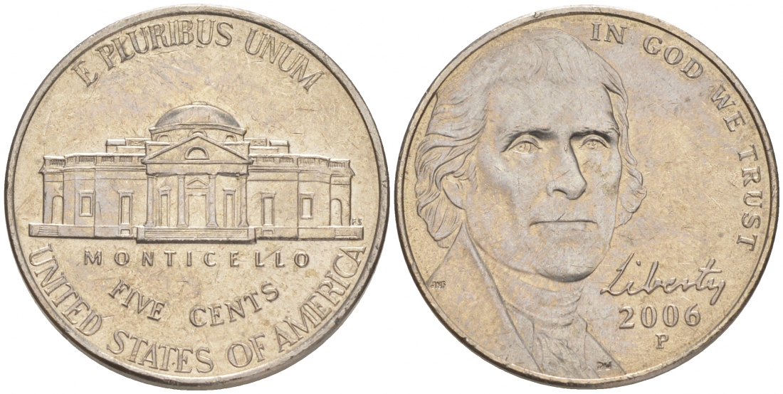 США 5 центов 2006 P, Джефферсон KM 381 медно-никель UNC M32-16