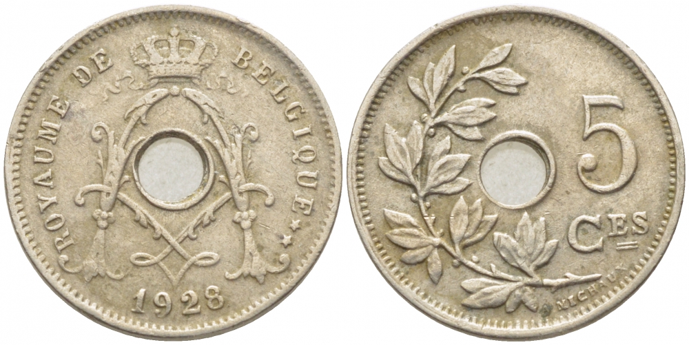 БЕЛЬГИЯ 5 САНТИМОВ 1928 BELGIQUE KM 66 медно-никель 112-245