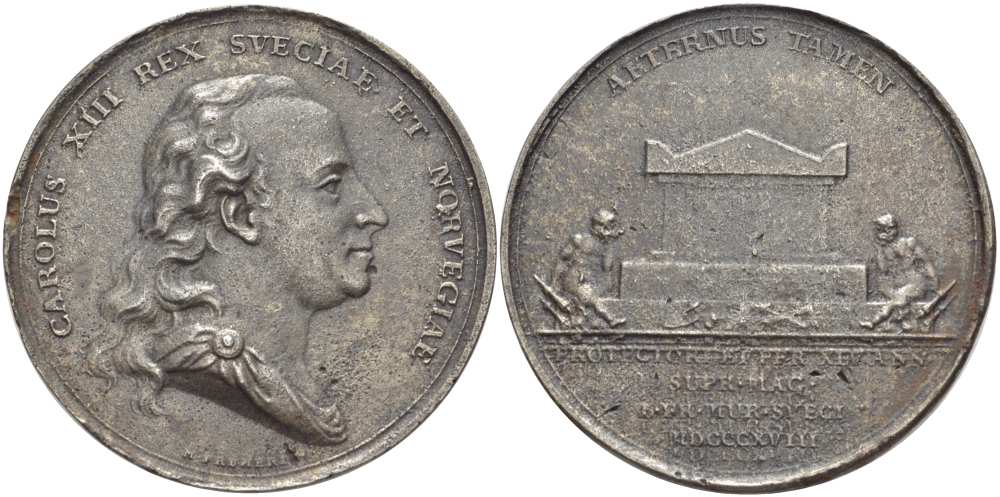 ШВЕЦИЯ МЕДАЛЬ 1818 НА СМЕРТЬ КОРОЛЯ ШВЕЦИИ КАРЛА XIII (1748-1818), ДИАМЕТР 54 ММ., ВЕС 38,6 ГР. железо 1084-3-13