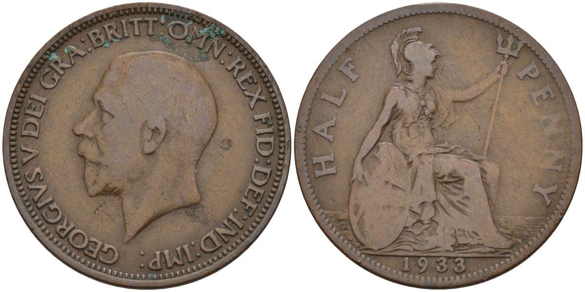 Великобритания 1/2 пенни 1933 Георг V (1910-1936) KM 837, Spink 4058 бронза 4153-814