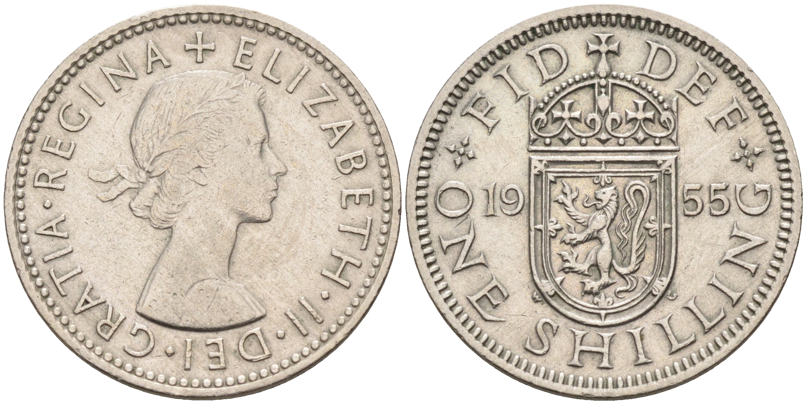Великобритания 1 шиллинг 1955 Елизавета II (1952-2022), Шотландский герб KM 905, Spink 4148 медно-никель 4591-646