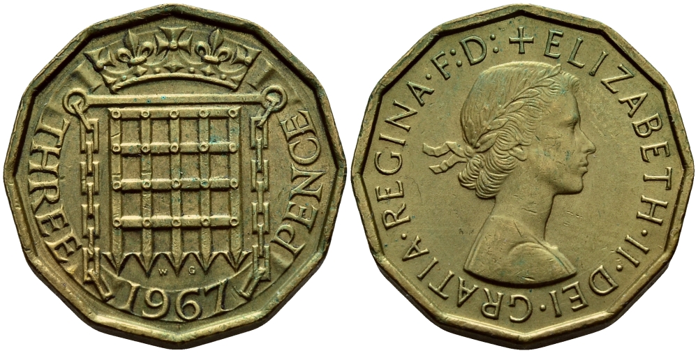 Великобритания 3 пенса 1967 Елизавета II (1952-2022) KM 900, Spink 4153 никель латунь 35-1415