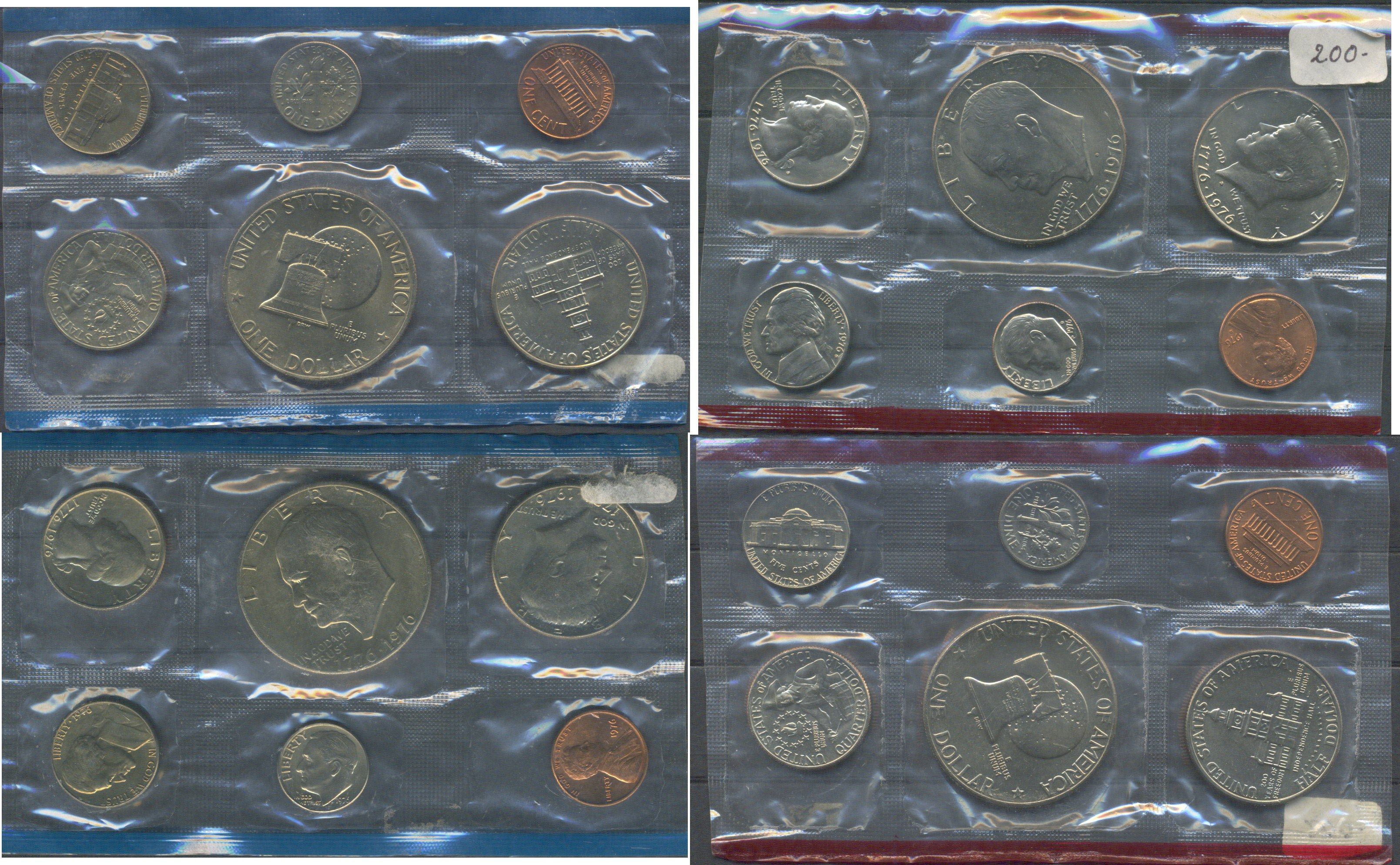 США набор из 12 монет (1, 5, 10 (дайм), 25 (квотер, 1/4 доллара) и 50 (1/2 доллара) центов; 1 доллар) 1976 в оригинальной упаковке, в запайке KM MS137 (A192, 195a, 201, 204, 205 и 206) UNC 8-2-06-14