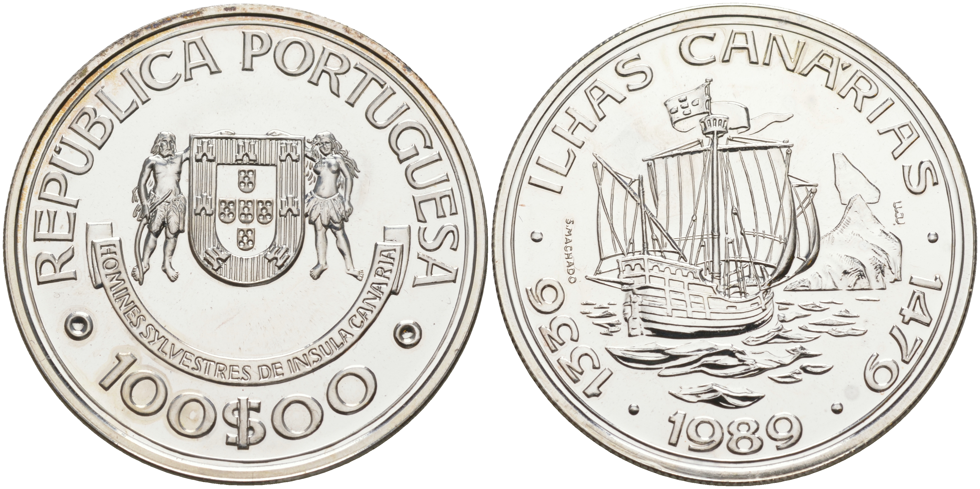 Португалия 100 эскудо 1989 серия золотой век португальских открытий, открытие Канарских островов KM 646а серебро UNC 1074-4-23