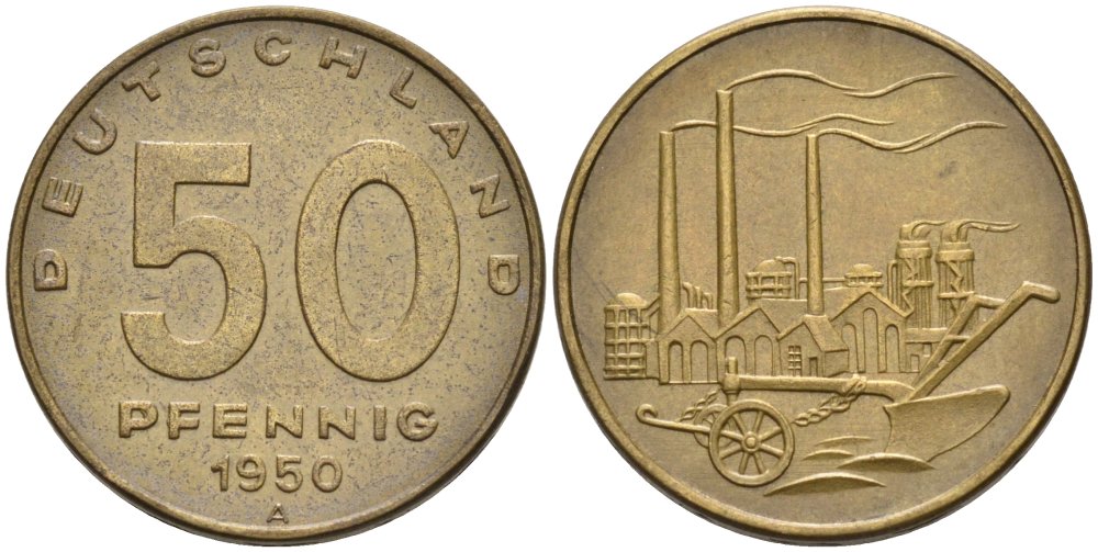 ГДР 50 пфеннигов 1950 А, фабрика KM 4 алюминиевая бронза 4575-522