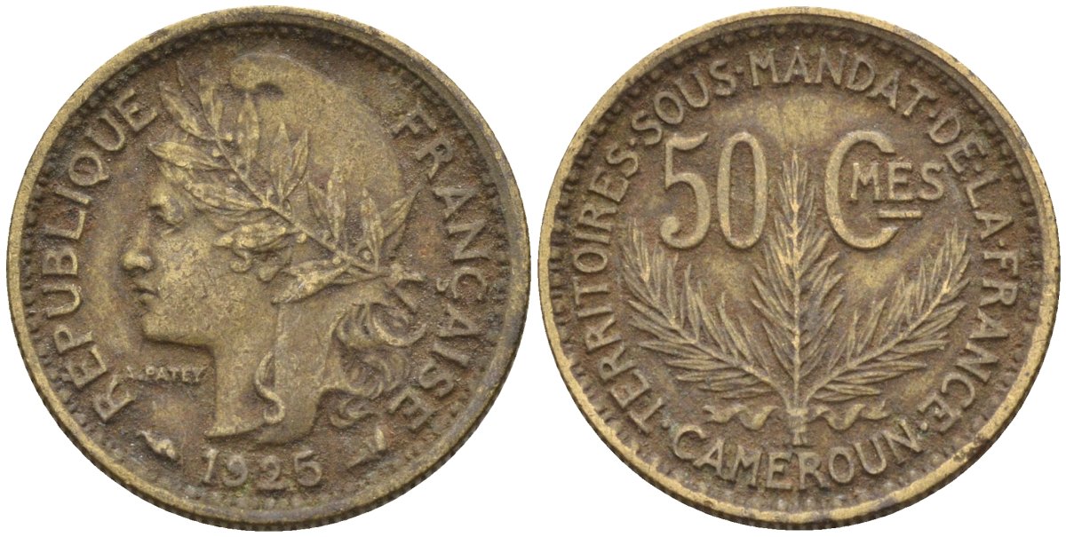 Французский Камерун 50 сантимов 1925 (а), монетный двор Париж KM 1 алюминиевая бронза 4164-1234