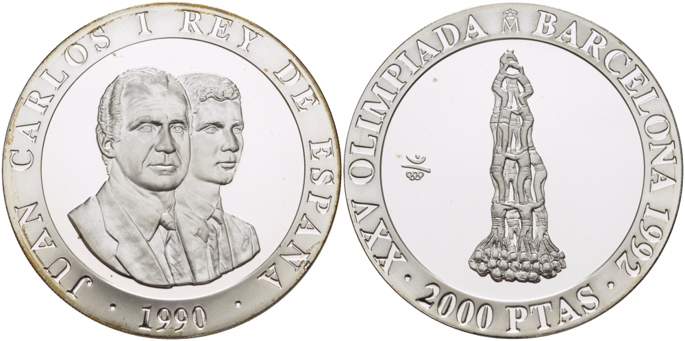 Испания 2000 песет 1990 XXV летние Олимпийские игры 1992 года в Барселоне, гимнастическая пирамида KM 863 серебро PROOF 04-093-13