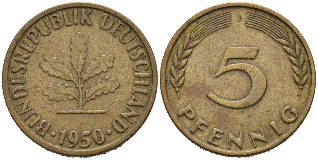 ФРГ 5 ПФЕННИГОВ 1950 J КМ 107, J. 382 сталь плакированная латунью 4567-544